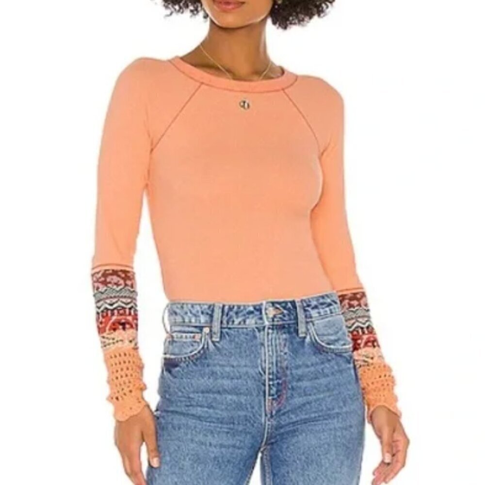 Free People Orange Thermal Waffle Knit Crochet Sweater Sleeve Top